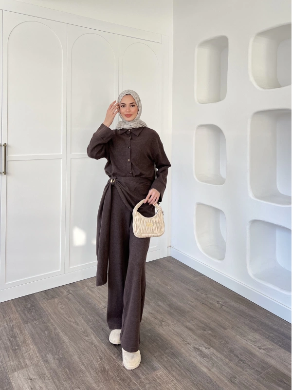 Leva Örme Triko Yan Bağcıklı Takım- Kahve