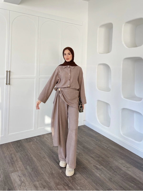 Leva Örme Triko Yan Bağcıklı Takım- Vizon