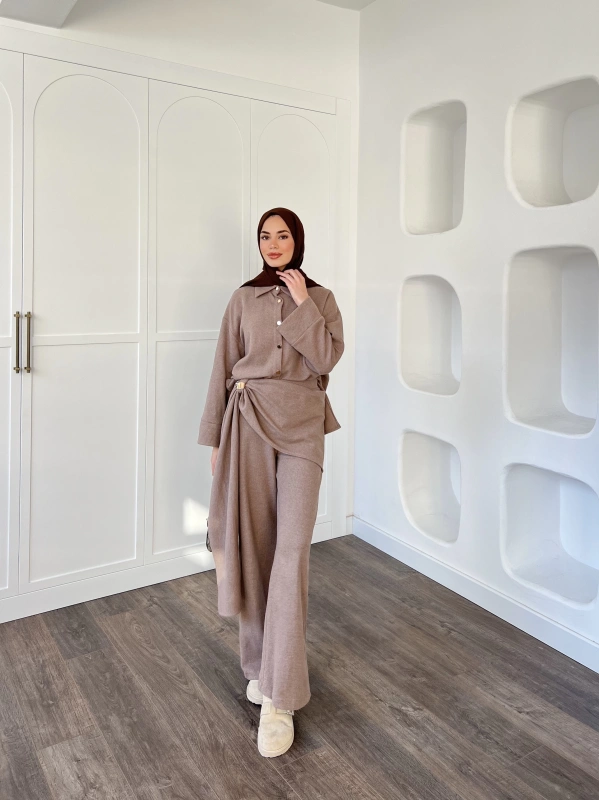 Leva Örme Triko Yan Bağcıklı Takım- Vizon