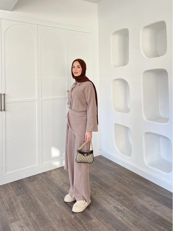 Leva Örme Triko Yan Bağcıklı Takım- Vizon