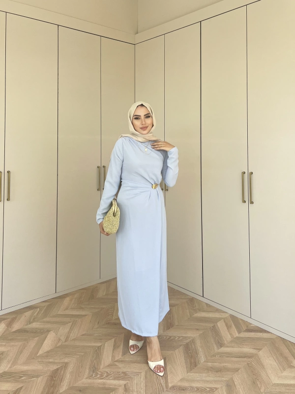 Asil Yan Detaylı Elbise - Mavi