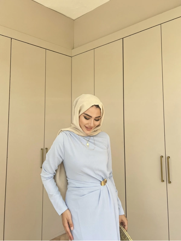 Asil Yan Detaylı Elbise - Mavi