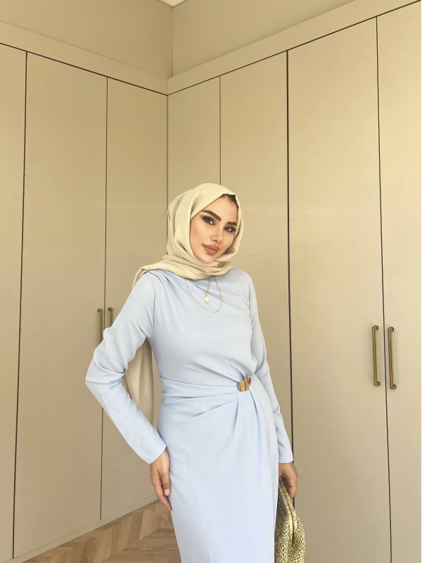 Asil Yan Detaylı Elbise - Mavi