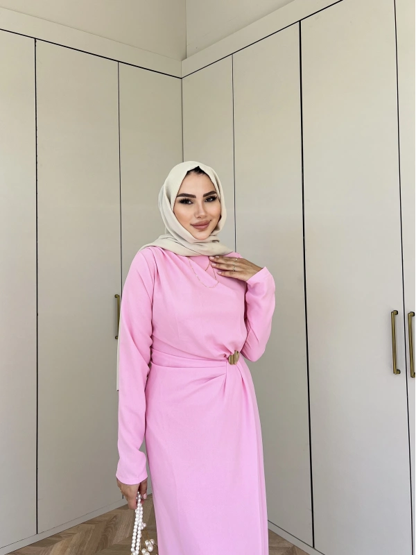 Asil Yan Detaylı Elbise - Pembe