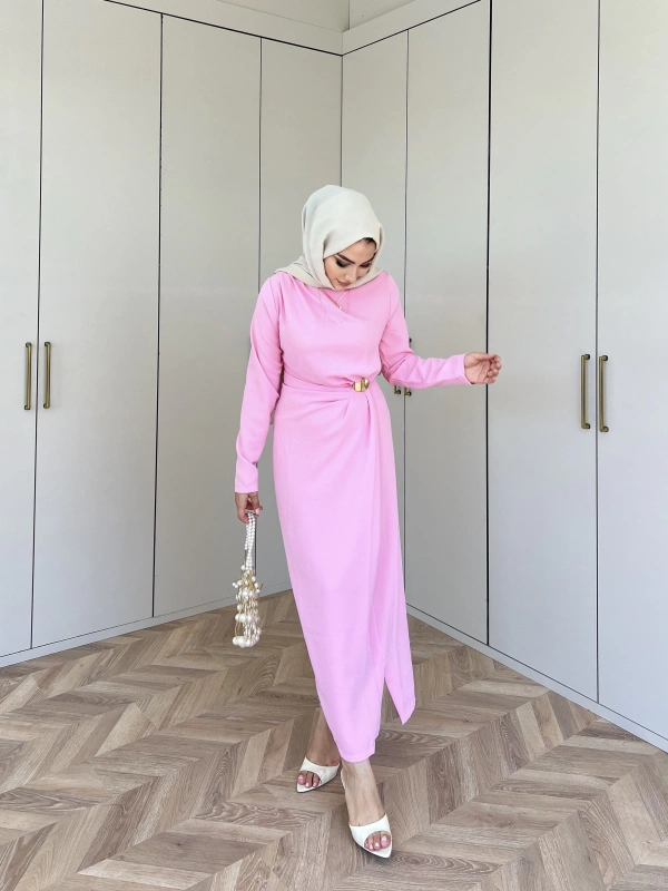 Asil Yan Detaylı Elbise - Pembe