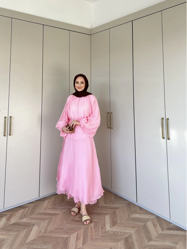 Balon Kol Şifon Takım - Pembe