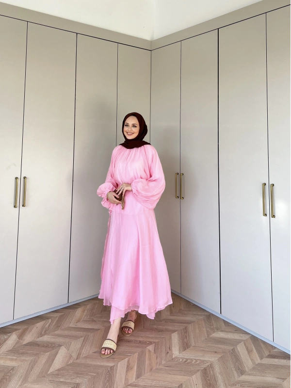 Balon Kol Şifon Takım - Pembe