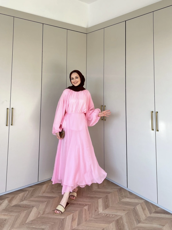 Balon Kol Şifon Takım - Pembe