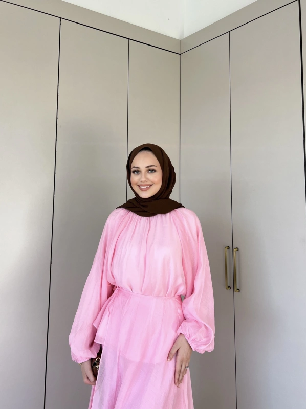 Balon Kol Şifon Takım - Pembe