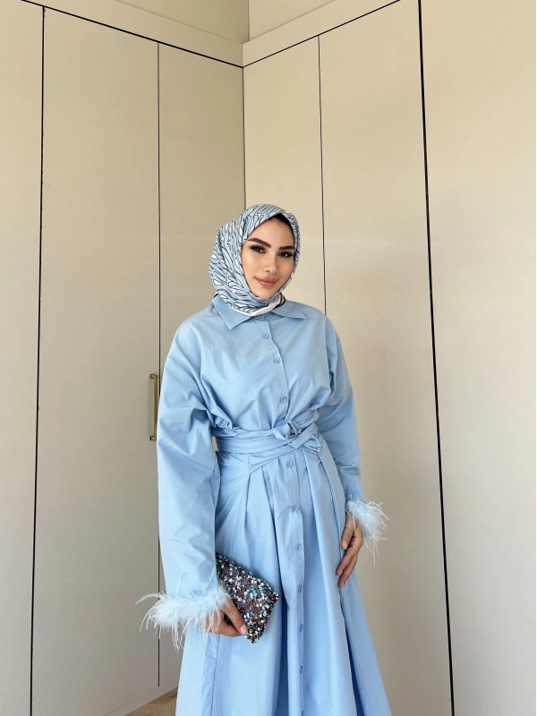 Lotus Kol Tüylü Elbise - Mavi