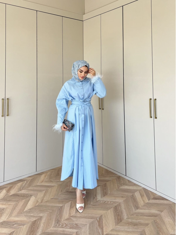 Lotus Kol Tüylü Elbise - Mavi