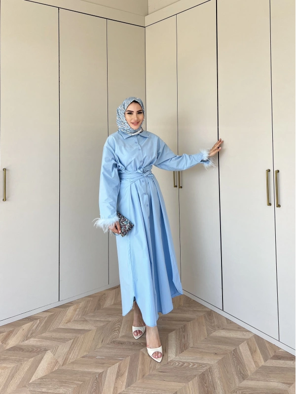 Lotus Kol Tüylü Elbise - Mavi