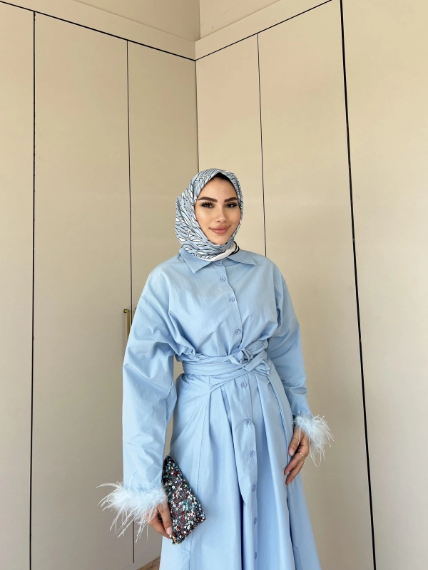 Lotus Kol Tüylü Elbise - Mavi