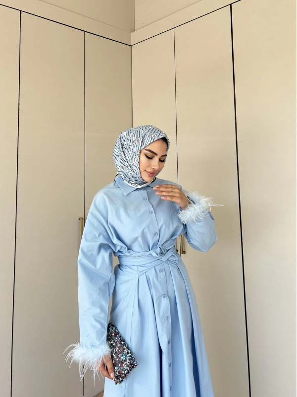 Lotus Kol Tüylü Elbise - Mavi