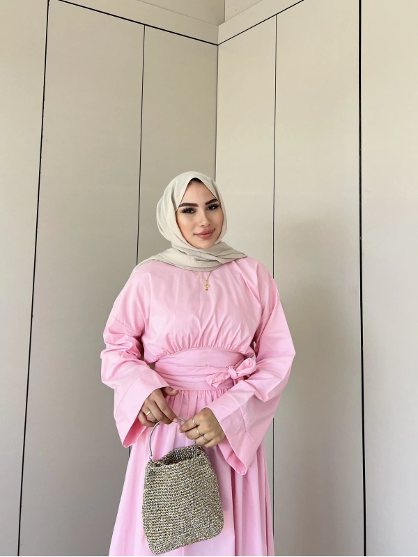 Begonya Bel Bağlamalı Elbise - Pembe
