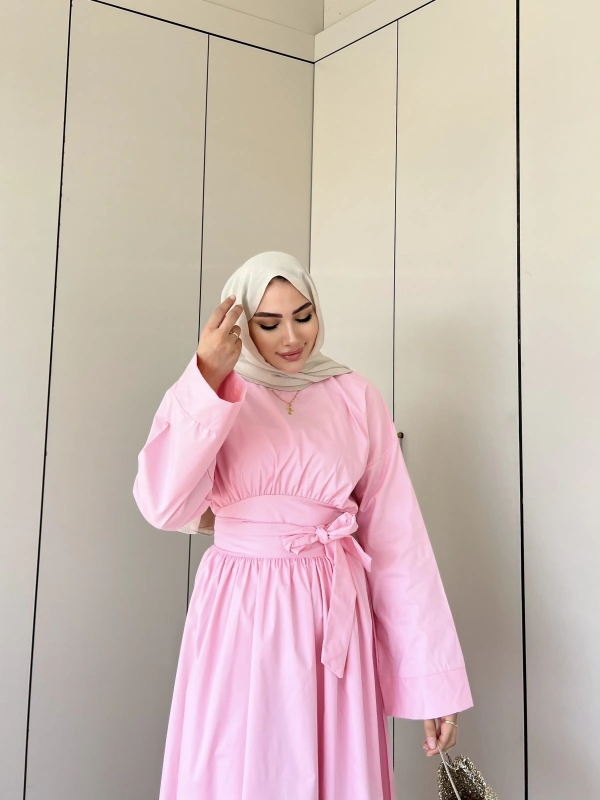 Begonya Bel Bağlamalı Elbise - Pembe