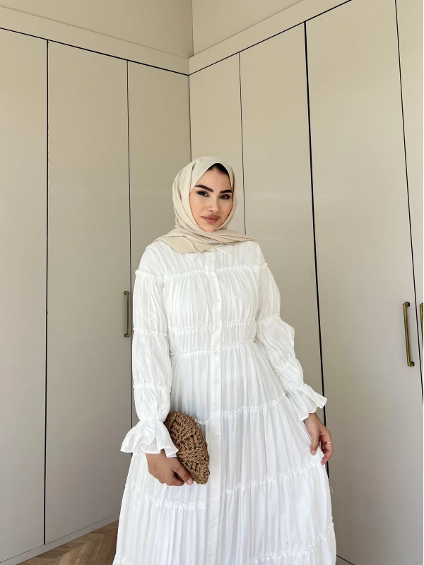Bollo Büzgü Detay Elbise - Beyaz