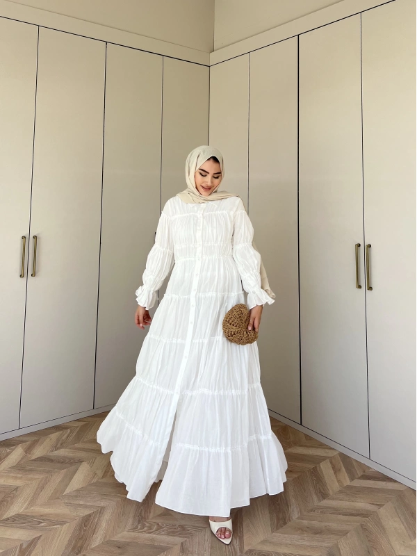 Bollo Büzgü Detay Elbise - Beyaz