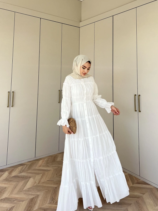 Bollo Büzgü Detay Elbise - Beyaz