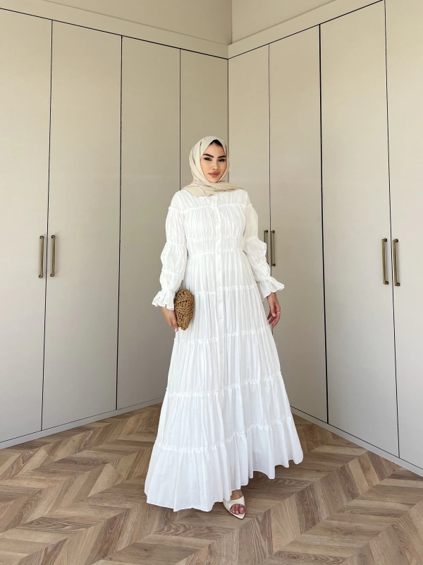 Bollo Büzgü Detay Elbise - Beyaz