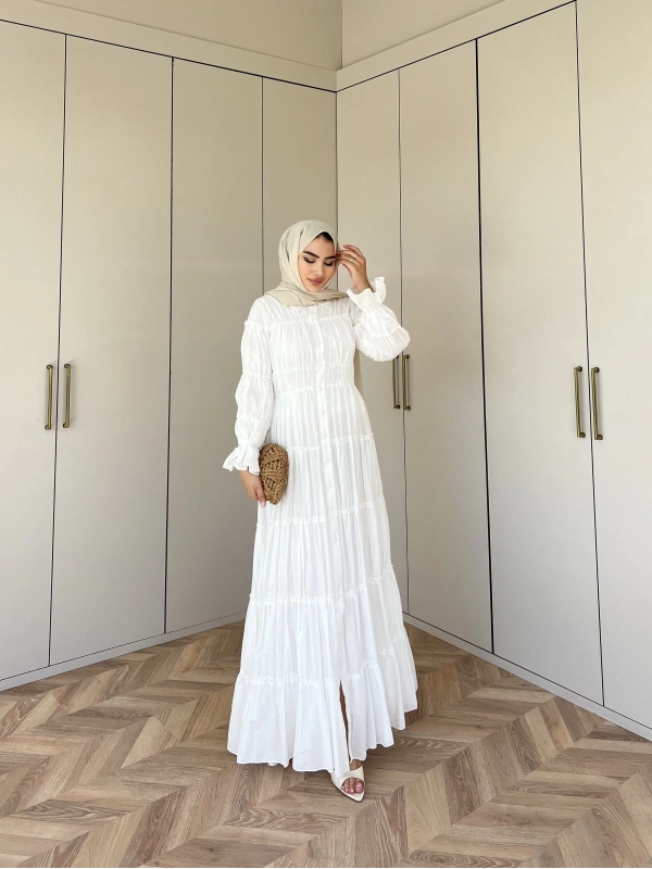 Bollo Büzgü Detay Elbise - Beyaz