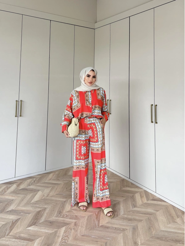 Desenli Gömlekli Takım - Oranj