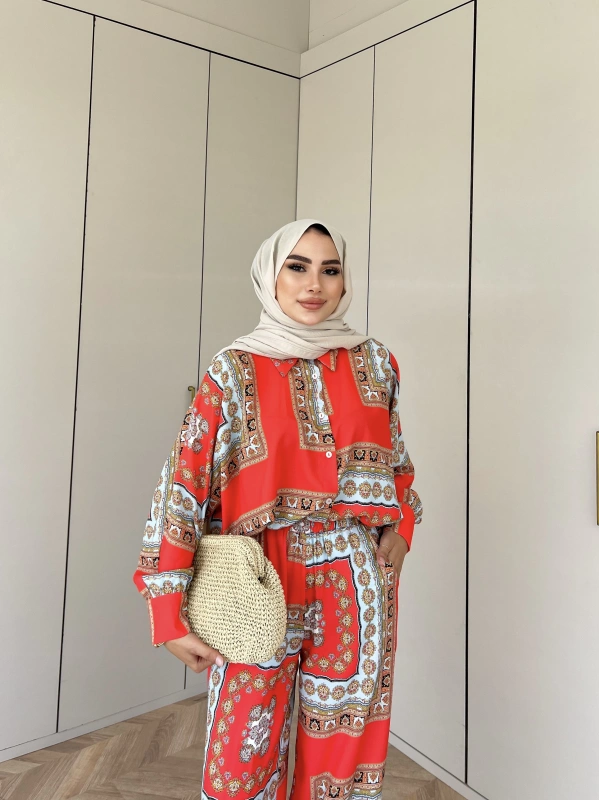 Desenli Gömlekli Takım - Oranj