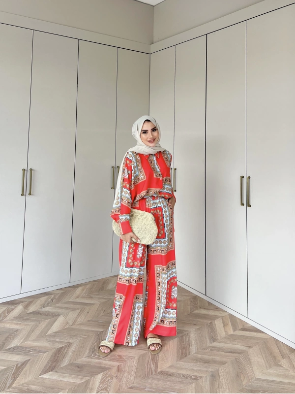 Desenli Gömlekli Takım - Oranj