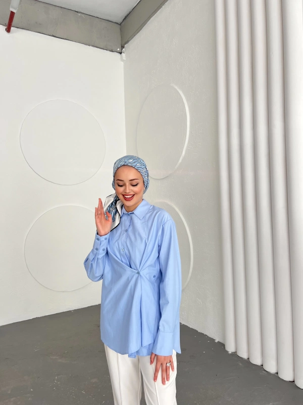 Düğmeli Nurs Gömlek -Mavi