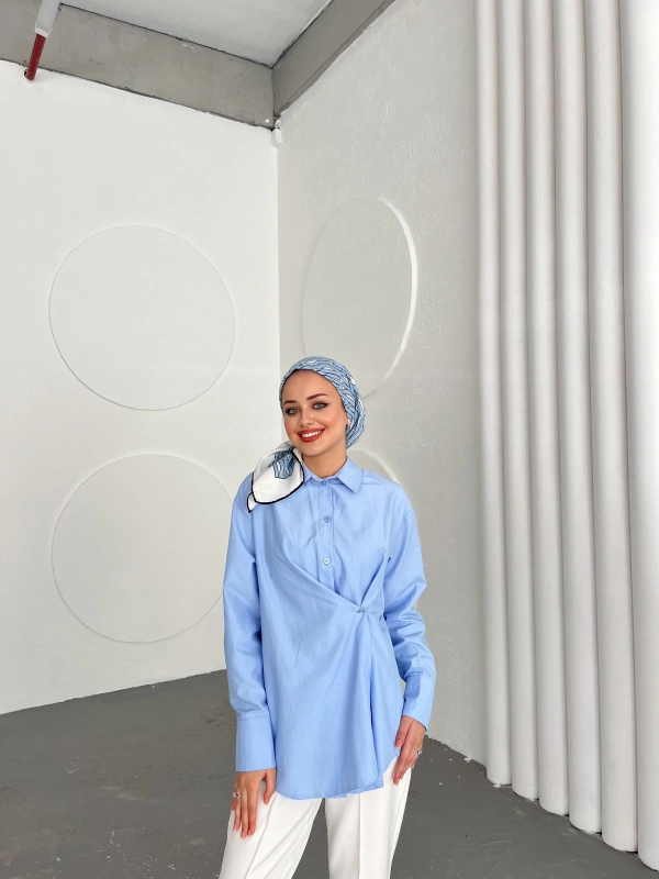 Düğmeli Nurs Gömlek -Mavi