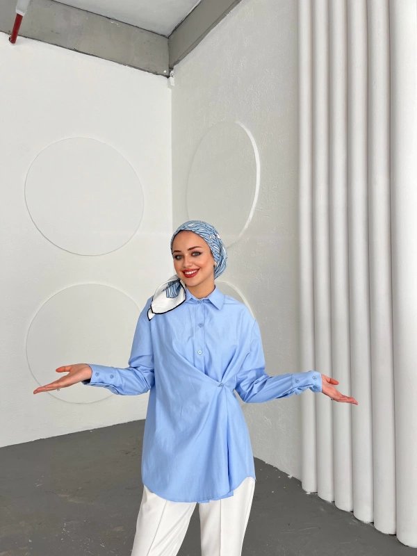 Düğmeli Nurs Gömlek -Mavi