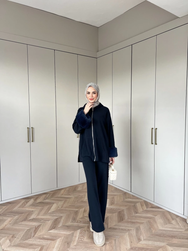 Ela Kürk Detaylı Takım - Lacivert
