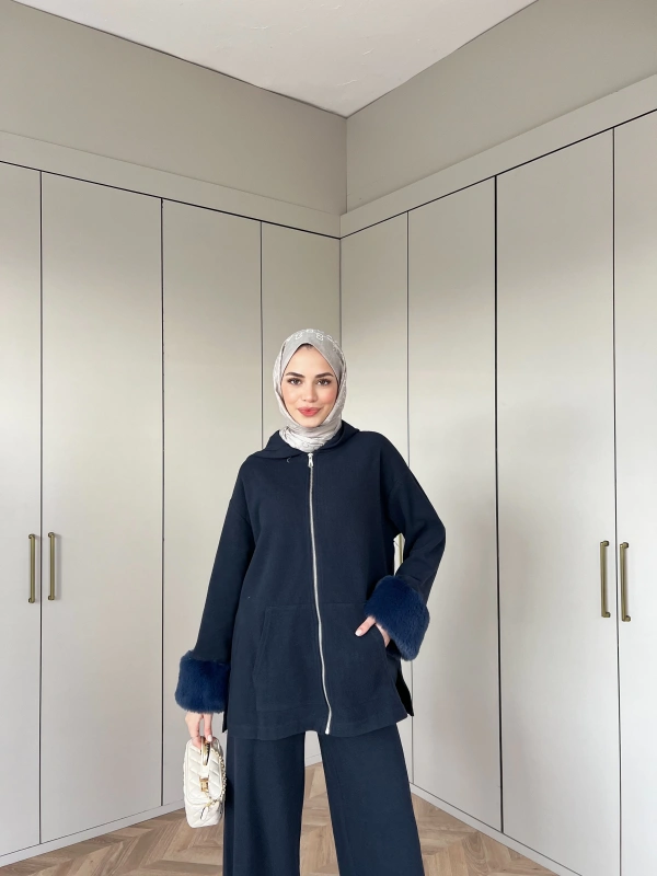 Ela Kürk Detaylı Takım - Lacivert