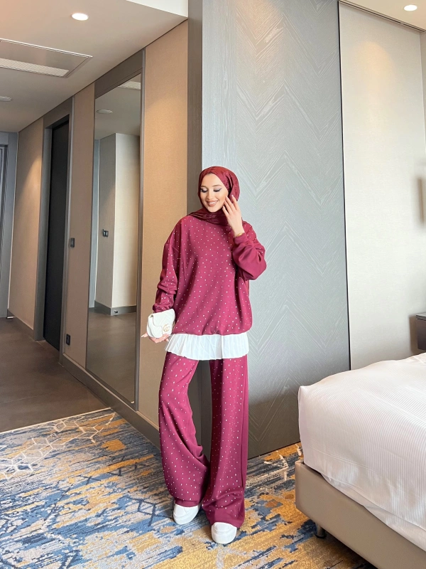 Erla Taş Detaylı Eşofman Takım - Bordo