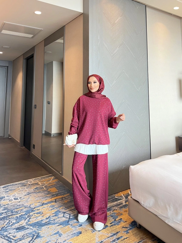 Erla Taş Detaylı Eşofman Takım - Bordo