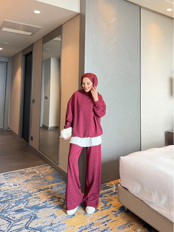 Erla Taş Detaylı Eşofman Takım - Bordo