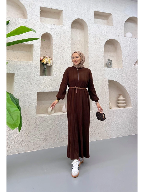 Fermuar Detaylı Triko Elbise Acı Kahve