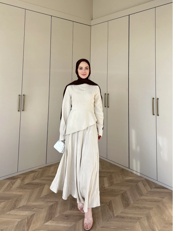 Keten Kırışık Etek Takım - Krem