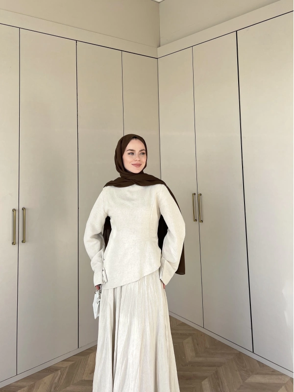 Keten Kırışık Etek Takım - Krem