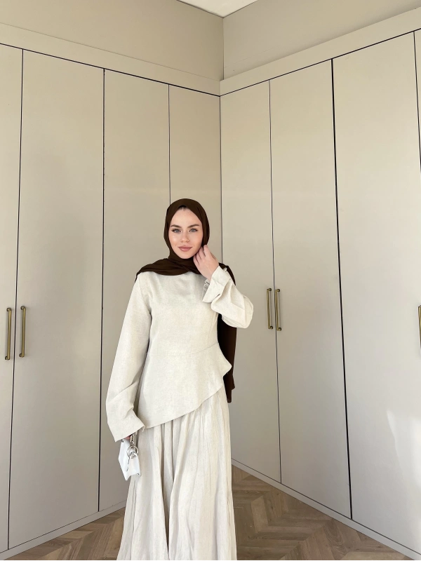 Keten Kırışık Etek Takım - Krem