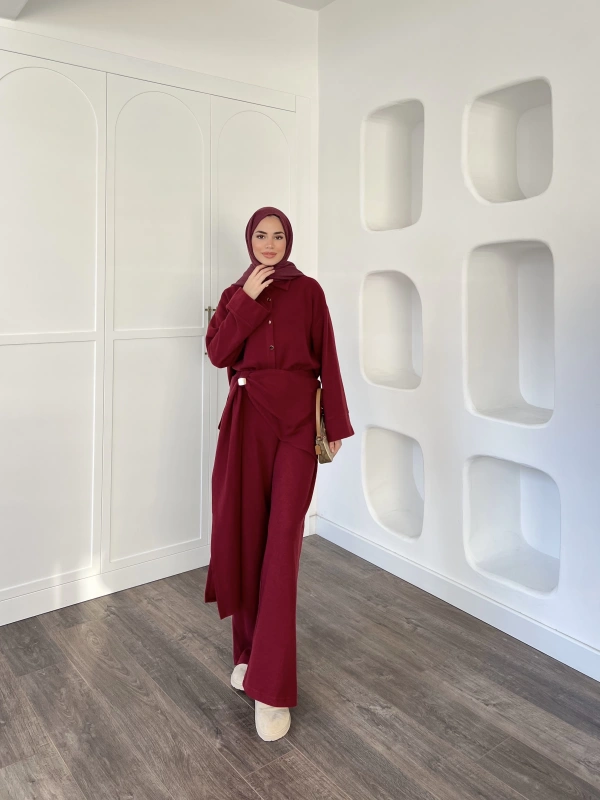 Leva Örme Triko Yan Bağcıklı Takım- Bordo