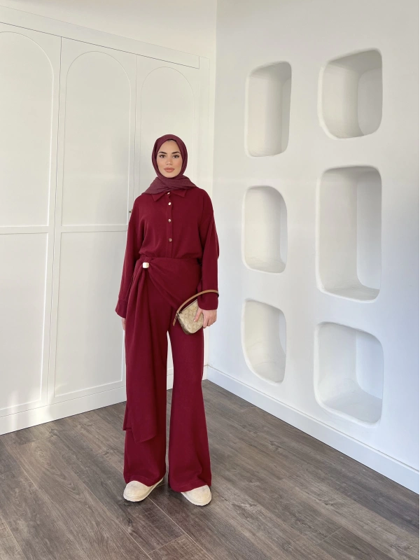 Leva Örme Triko Yan Bağcıklı Takım- Bordo