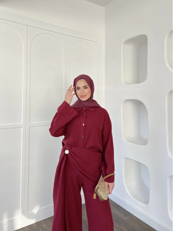 Leva Örme Triko Yan Bağcıklı Takım- Bordo