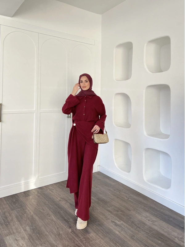 Leva Örme Triko Yan Bağcıklı Takım- Bordo