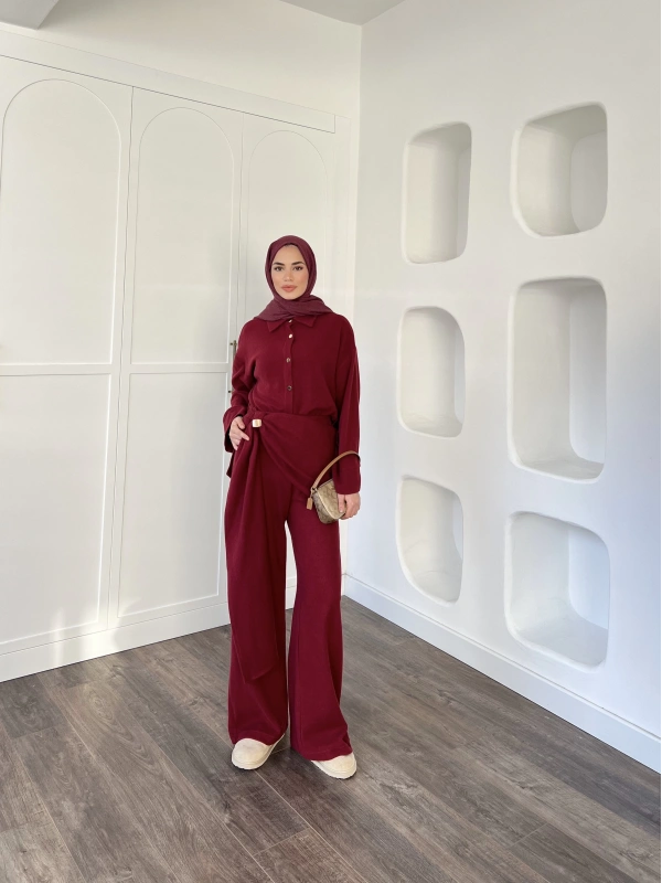 Leva Örme Triko Yan Bağcıklı Takım- Bordo