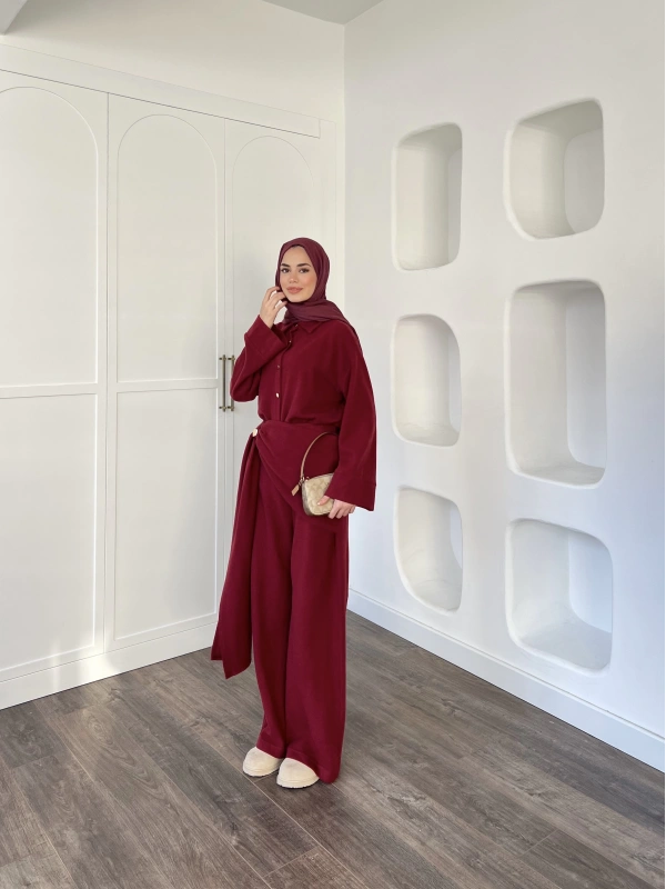 Leva Örme Triko Yan Bağcıklı Takım- Bordo