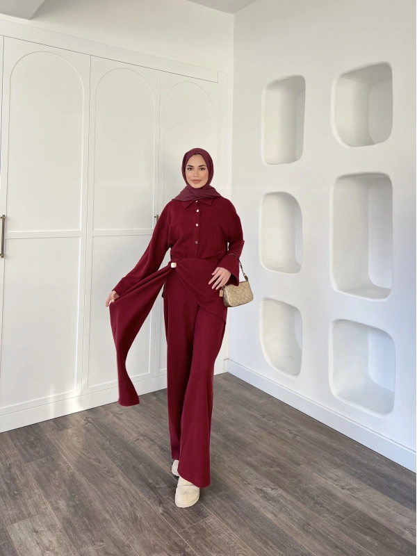 Leva Örme Triko Yan Bağcıklı Takım- Bordo