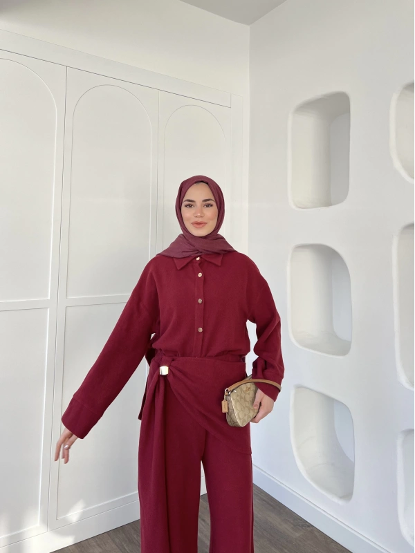 Leva Örme Triko Yan Bağcıklı Takım- Bordo