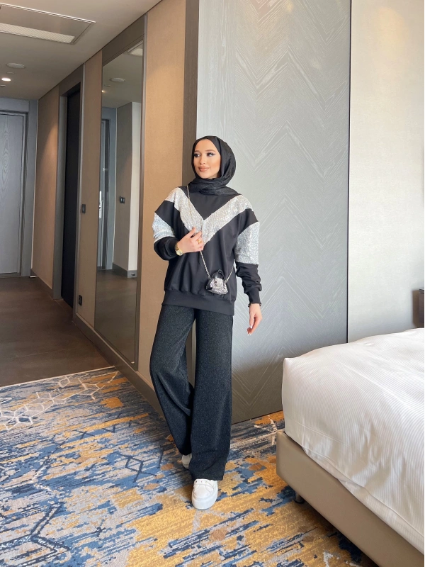 Molla Sim  Detaylı Sweat Takım - SİYAH