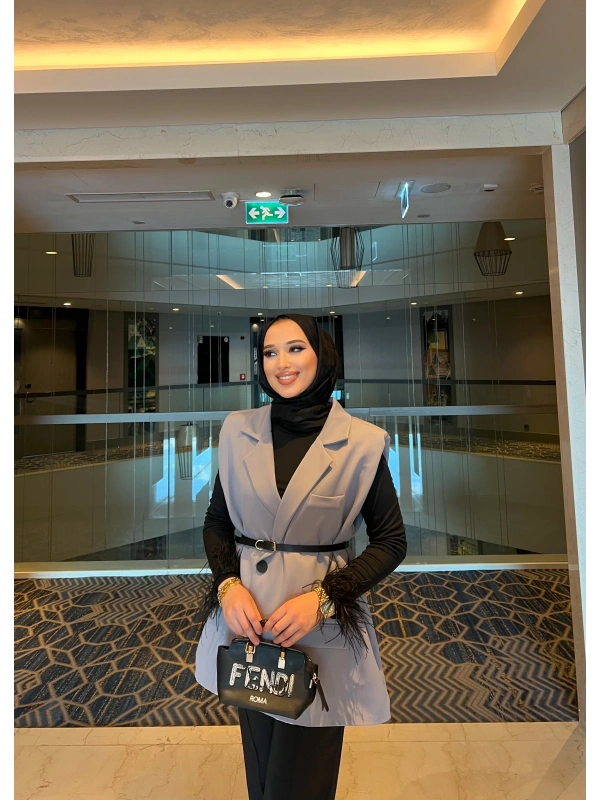 Nes Vatka Detaylı Yelek - Gri